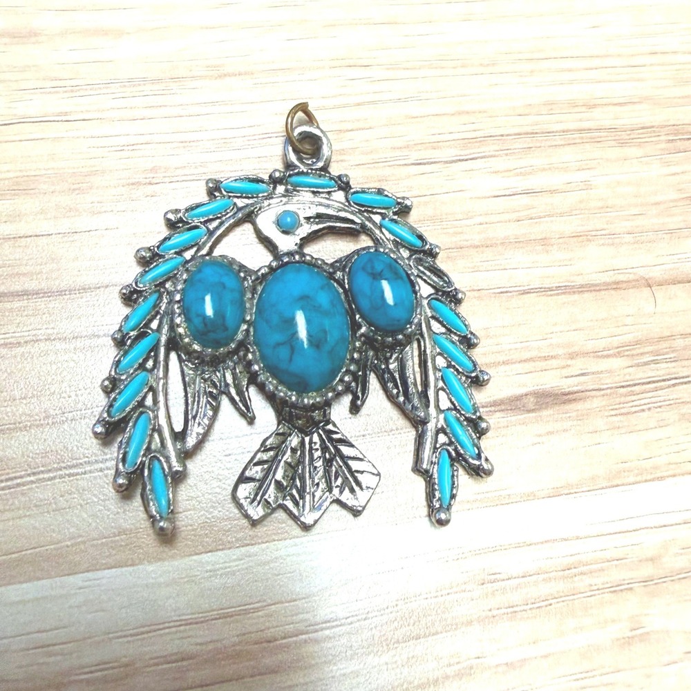 Southwestern Thunderbird Pendant Faux Turquoise Silver Tone Eagle‎ Statement 2in